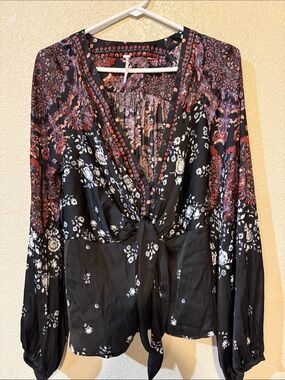 Free People Black Floral Tie-Front Blouse with Red and Purple Accents